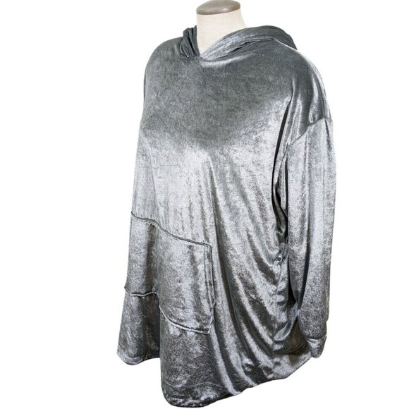 Velour Plush Hoodie Plus Size 2X Shiny Silver Kangaroo Pocket Faux Sherpa Lined - Picture 4 of 11